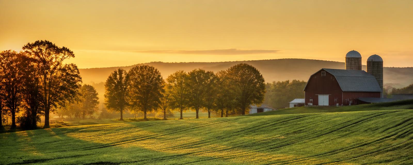 Grønne marker og gårdbygninger i morgensol